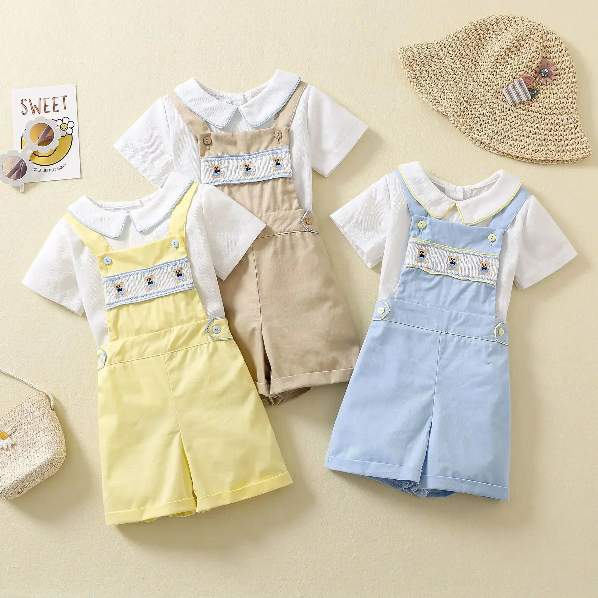 Cotton Collar T-shirt and Dungaree Shorts Set