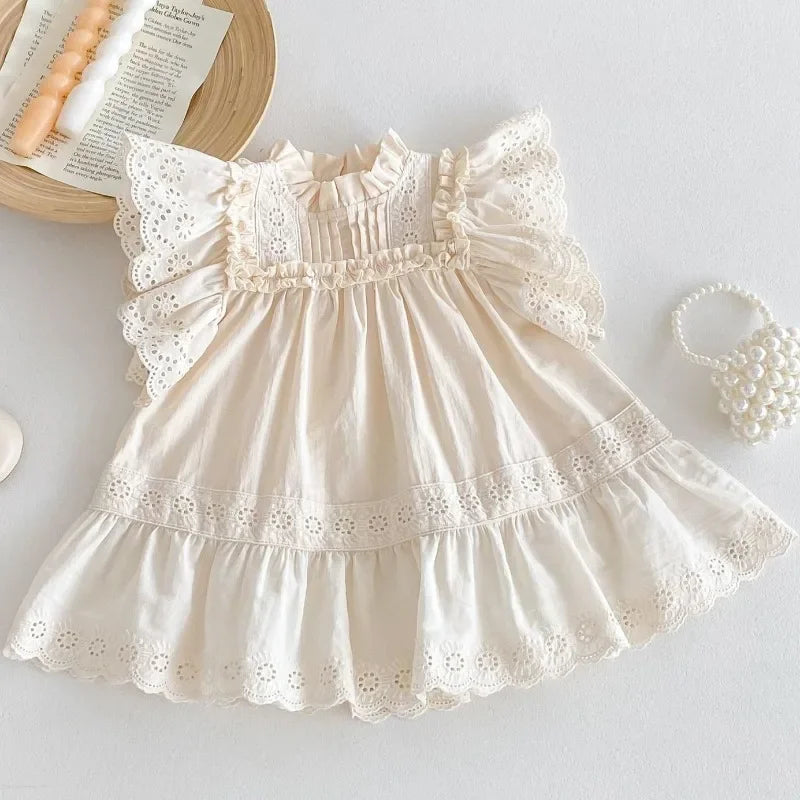 Summer Ruffle Collar Frilled Sleeve Lace Dress